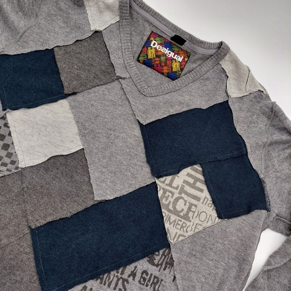 DESIGUAL‎ Mens Sweater XL V-Neck Pullover Wool Blend Grey Patchwork Luxury Dad